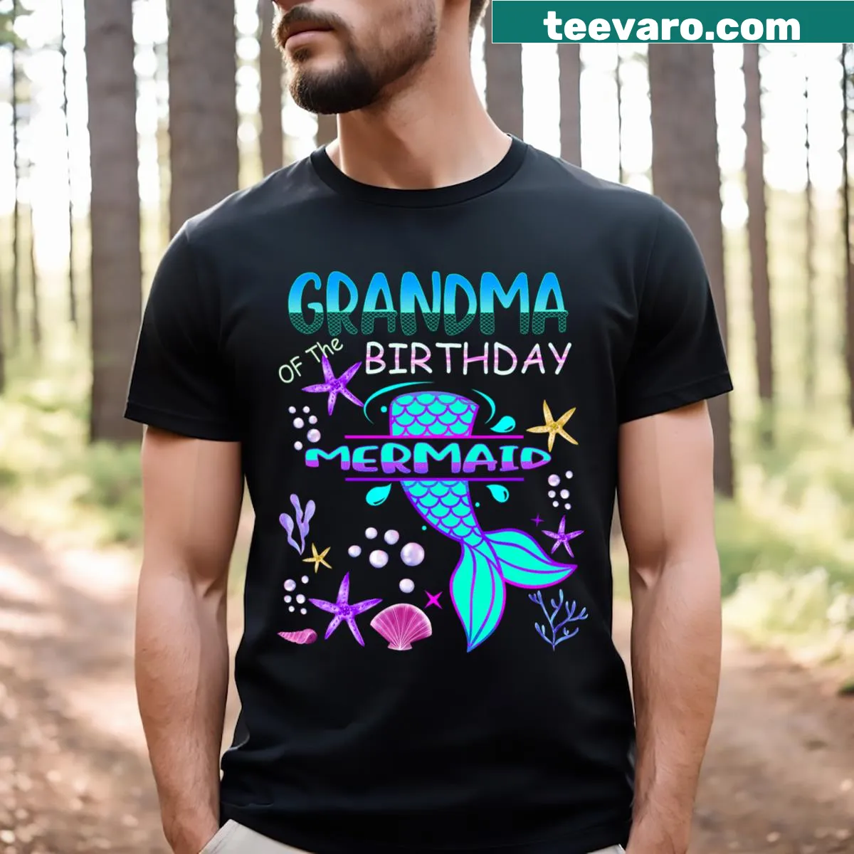 Mermaid-themed t-shirt for Grandma with playful birthday design — on a men's t-shirt