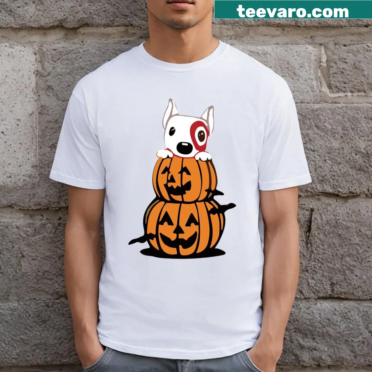 Cute puppy graphic t-shirt for Halloween with team member theme — on a men's t-shirt