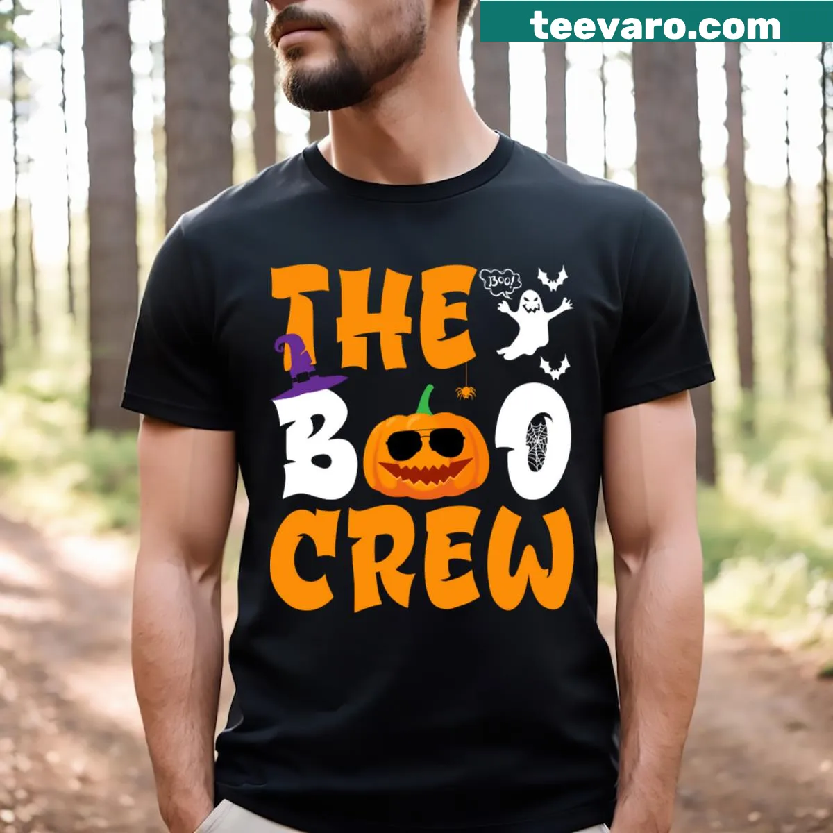 Cute Halloween t-shirt with 'Boo Crew' and pumpkin design — on a men's t-shirt