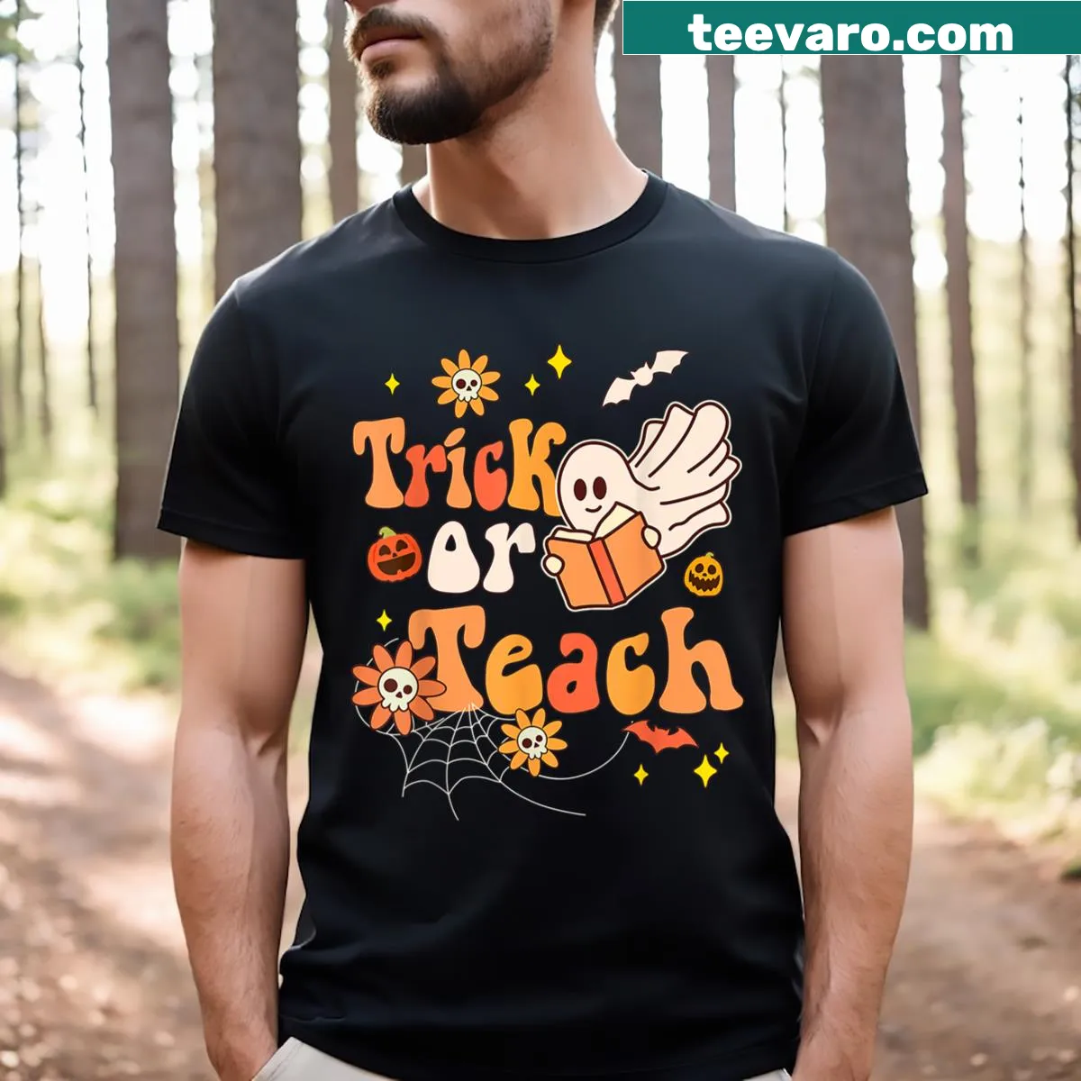 Retro Halloween 'Trick Or Teach' graphic t-shirt — on a men's t-shirt