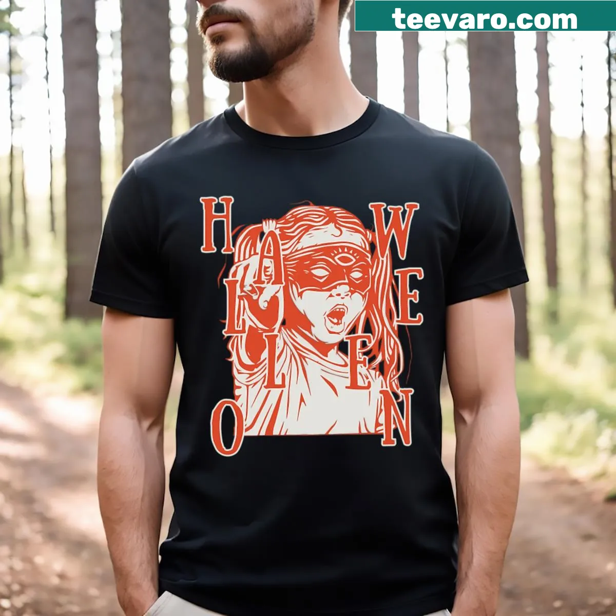 Bold typography design with Halloween chaos theme on a t-shirt — on a men's t-shirt