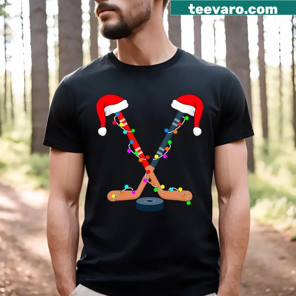 Cartoon Santa in a hockey helmet with Christmas lights illustration
