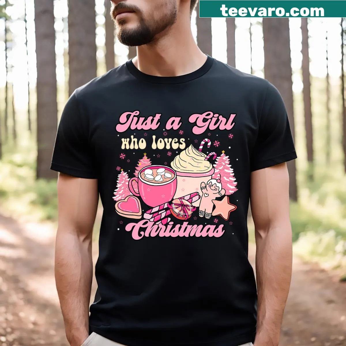 Retro pink t-shirt with Christmas-themed graphics for girls. — on a men's t-shirt