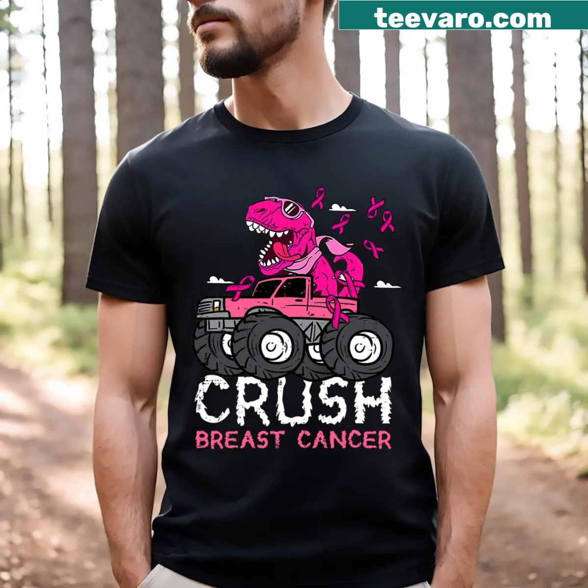 Toddler shirt with monster truck design for breast cancer awareness — on a men's t-shirt
