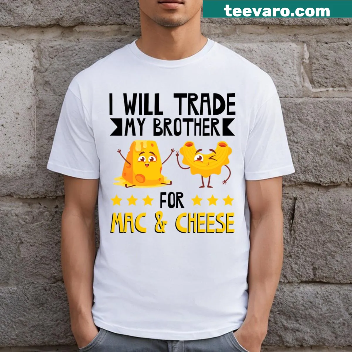 Cartoon t-shirt featuring a bowl of mac and cheese graphic — on a men's t-shirt