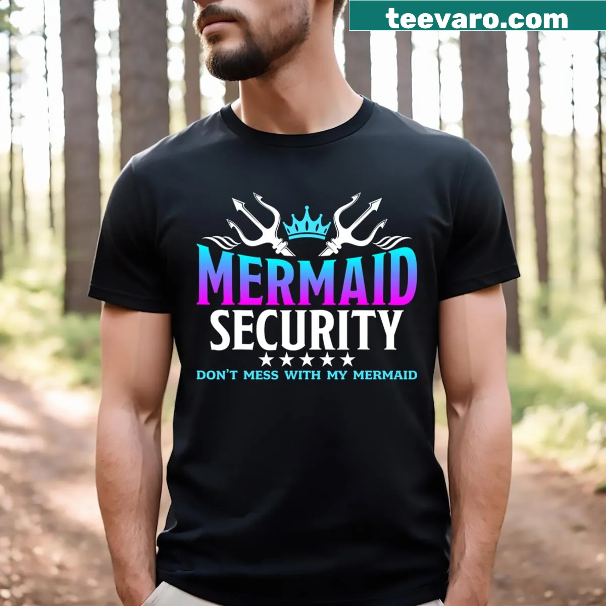 Cartoon-style Mermaid Security T-shirt for family birthday celebrations — on a men's t-shirt