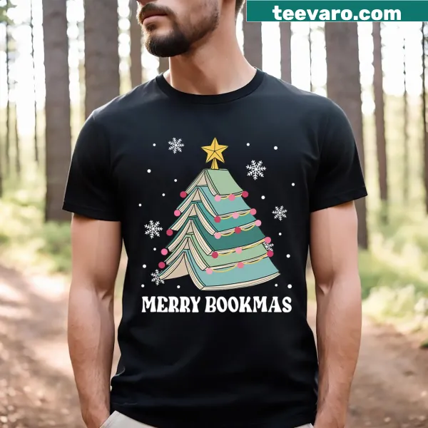 Funny Christmas t-shirt featuring books and a pine tree graphic