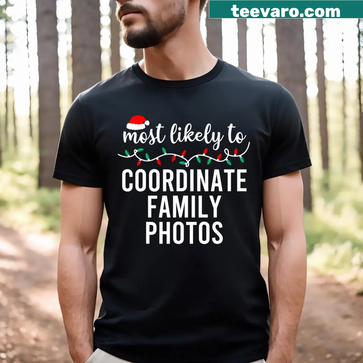 Text design saying Most Likely To Christmas — on a men's t-shirt