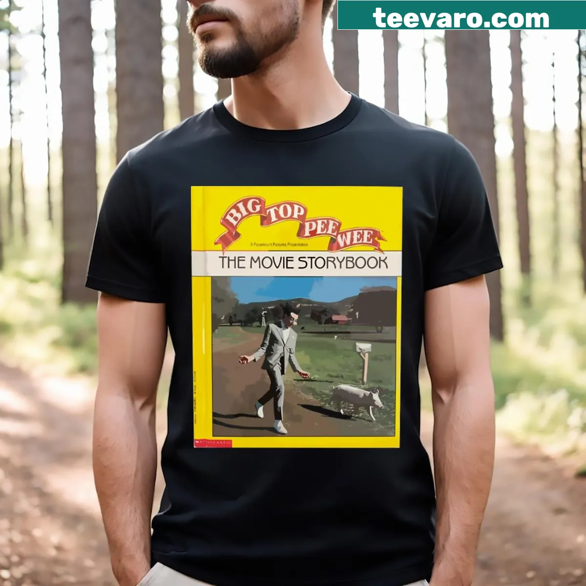T-shirt featuring a storybook graphic of Pee Wee Herman — on a men's t-shirt