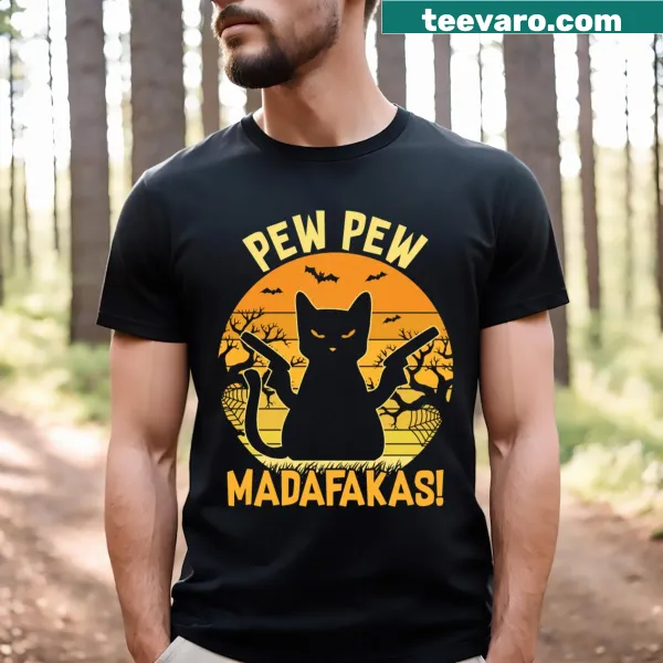 Funny Halloween t-shirt featuring a playful cat and 'Pew Pew Madafakas' text