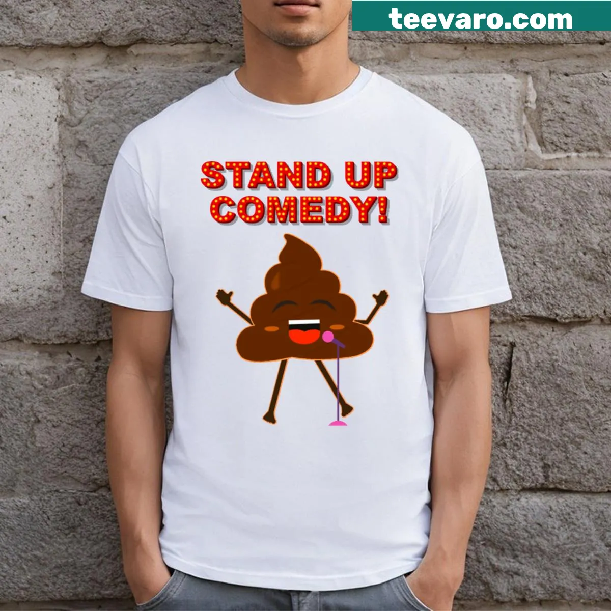 Playful Poop Is Funny t-shirt featuring humorous typography — on a men's t-shirt