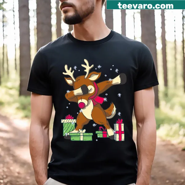 Cheerful Rudolph the Red Nose Reindeer design on a Christmas T-shirt