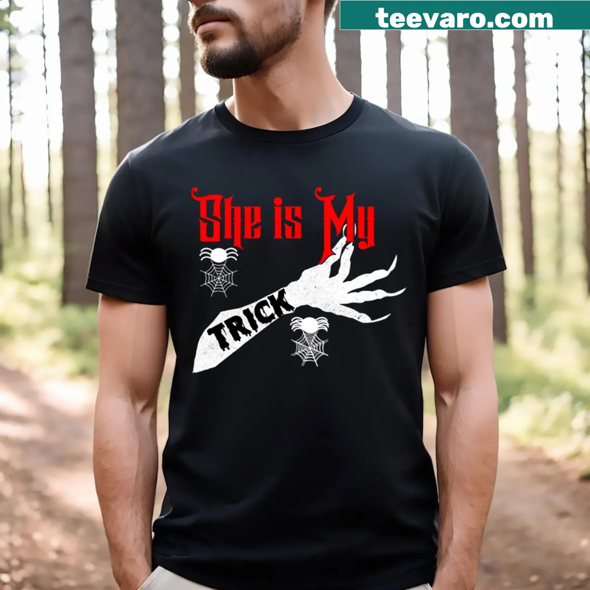 Couple Halloween t-shirt with 'She's My Trick' text design — on a men's t-shirt