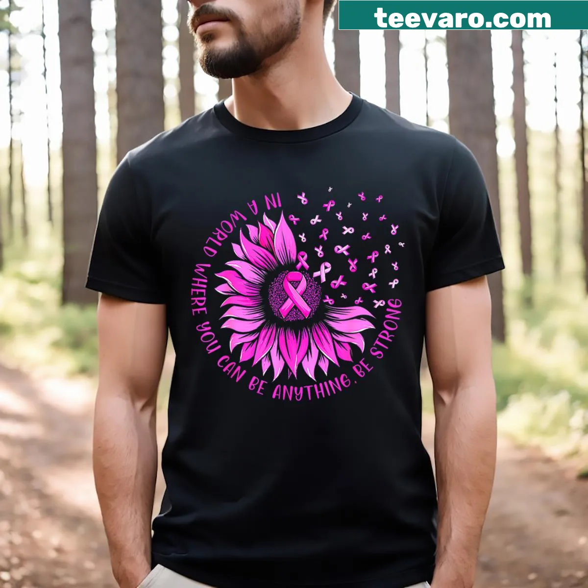 Breast cancer awareness T-shirt with sunflower, pink ribbon, and butterfly illustration — on a men's t-shirt