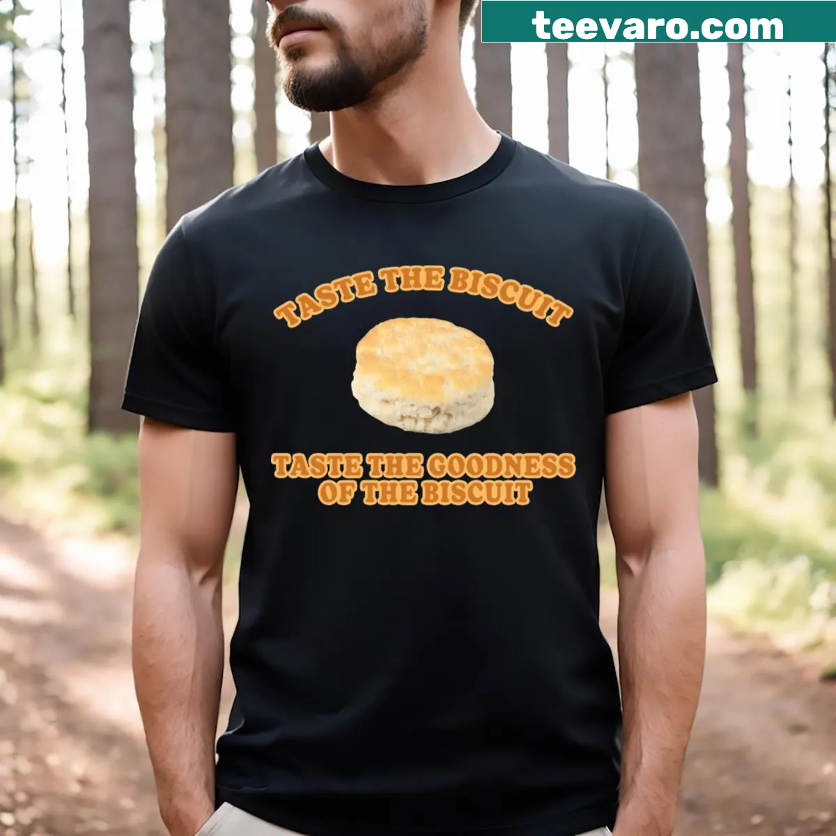 Playful T-shirt featuring the phrase 'Taste The Biscuit' in fun typography — on a men's t-shirt
