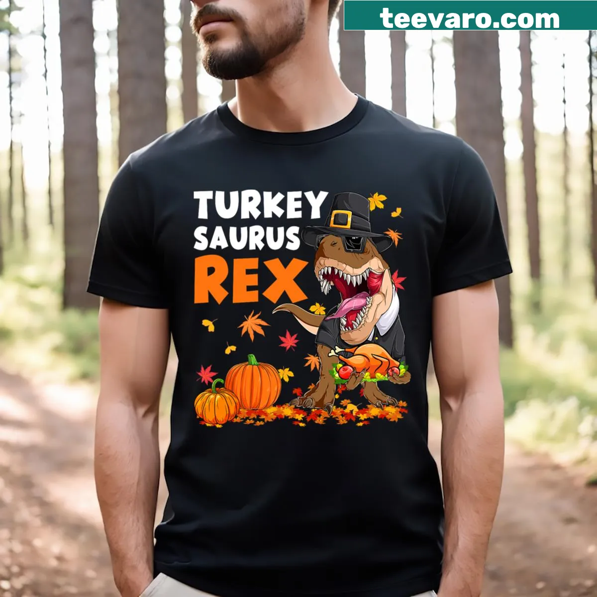 Funny T-shirt with a cartoon dinosaur wearing a turkey hat for Thanksgiving — on a men's t-shirt