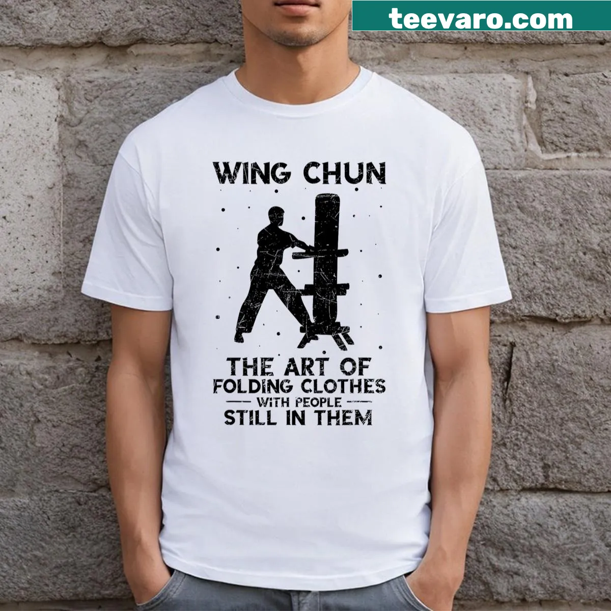Vintage T-shirt featuring typography on the art of folding clothes and Kung Fu — on a men's t-shirt