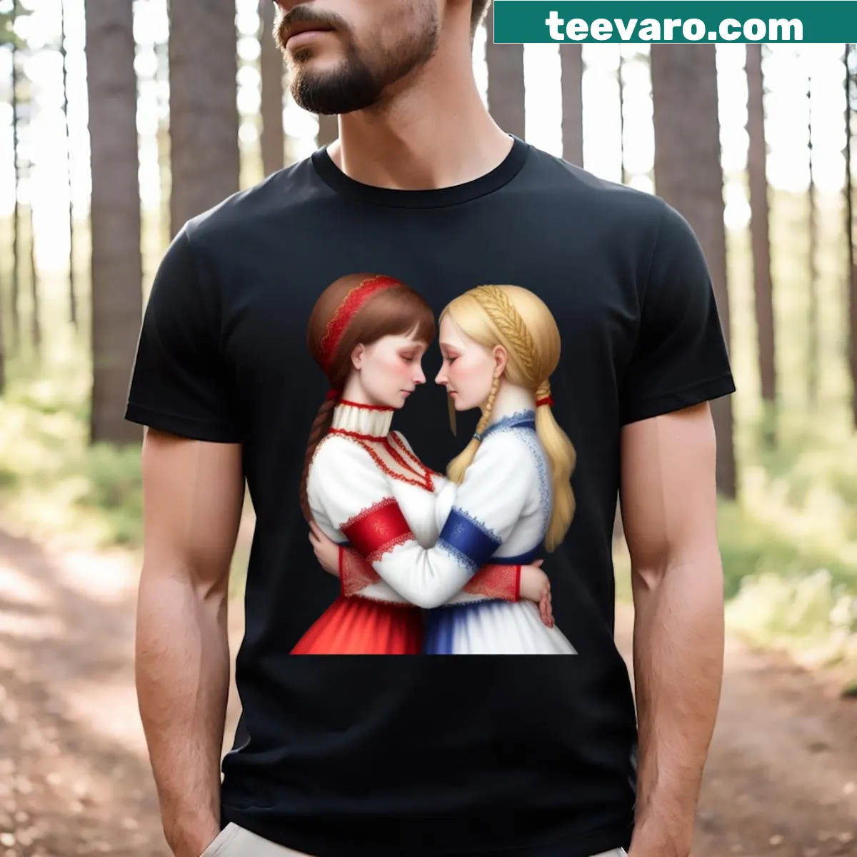 Illustrative T-shirt of a Russian and Ukrainian girls hugging — on a men's t-shirt