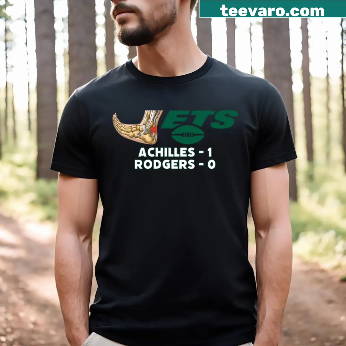 Aaron Rodgers Jets themed t-shirt with scoreboard design — on a men's t-shirt