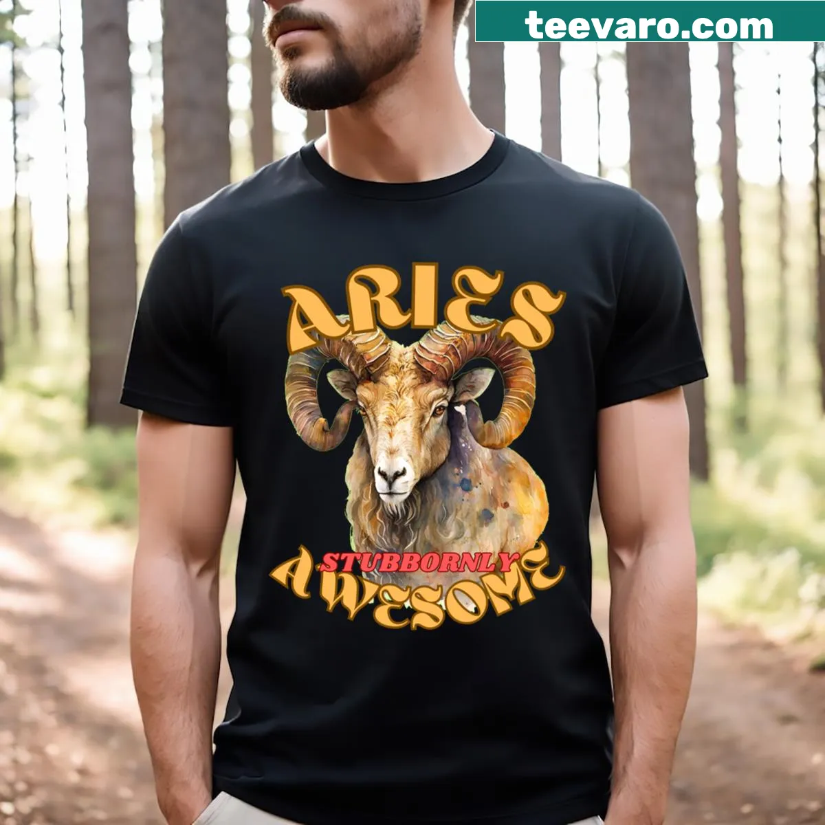 Cute Aries illustration with the phrase Stubbornly Awesome on a T-shirt — on a men's t-shirt