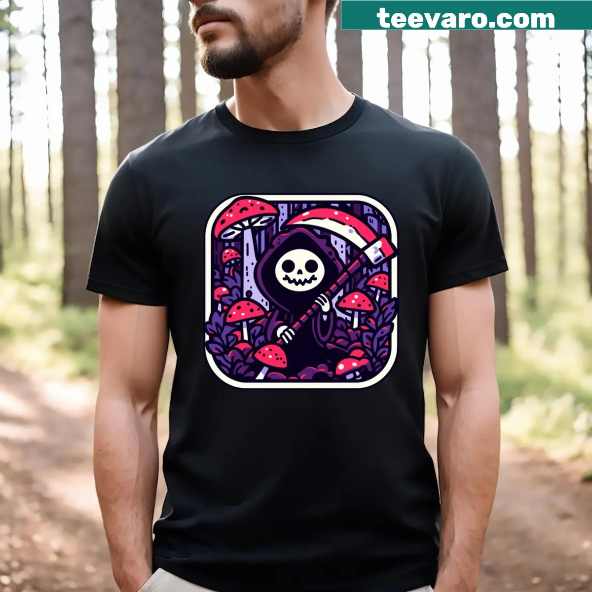 Cartoon Baby Reaper T-shirt with a cute design and cheerful expression — on a men's t-shirt