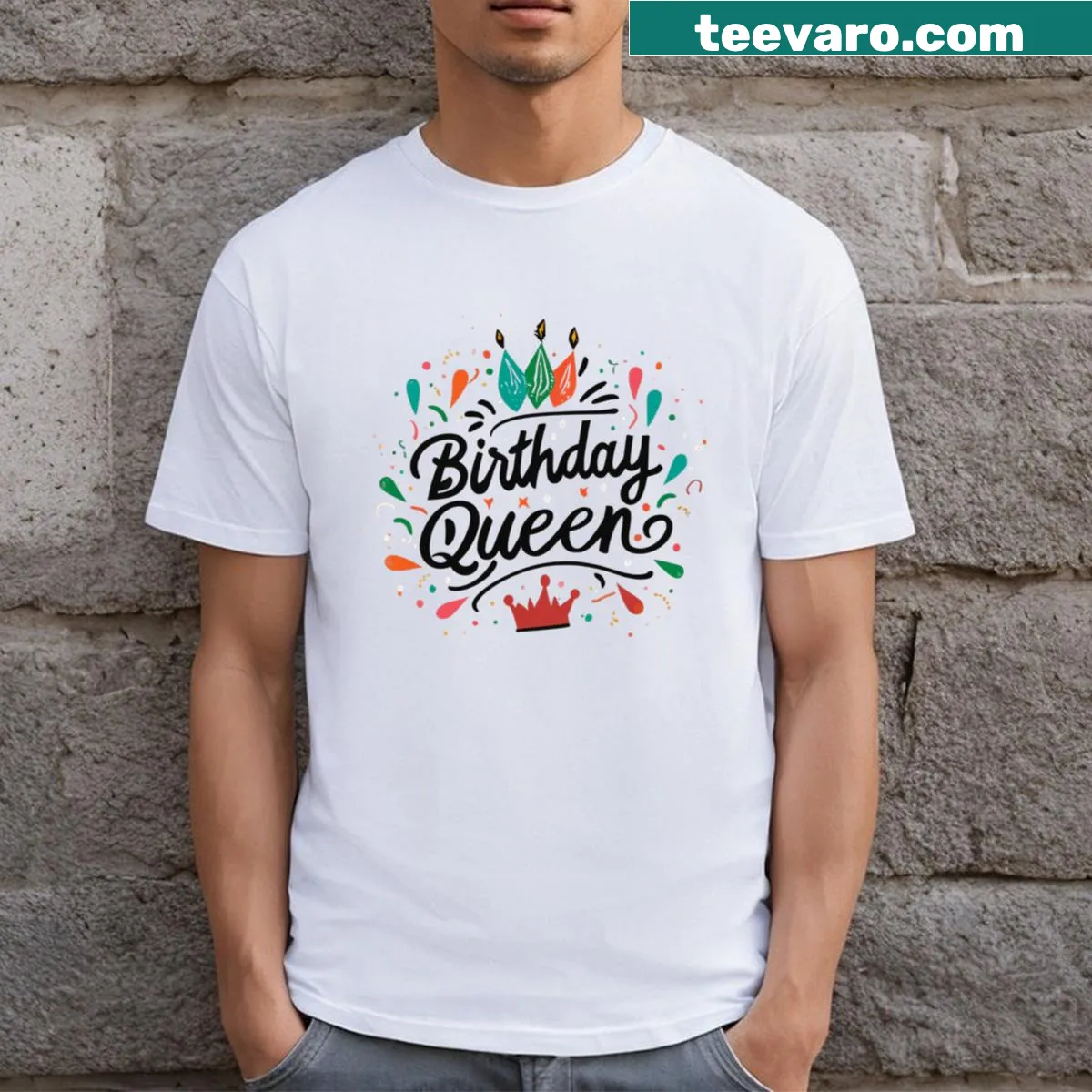 Funny Birthday Queen T-shirt with a crown graphic and playful text — on a men's t-shirt
