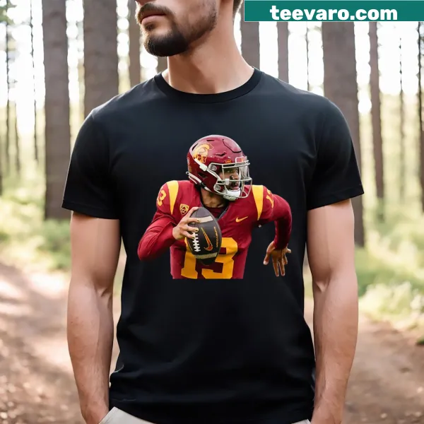 T-shirt featuring graphic of Caleb Williams in action