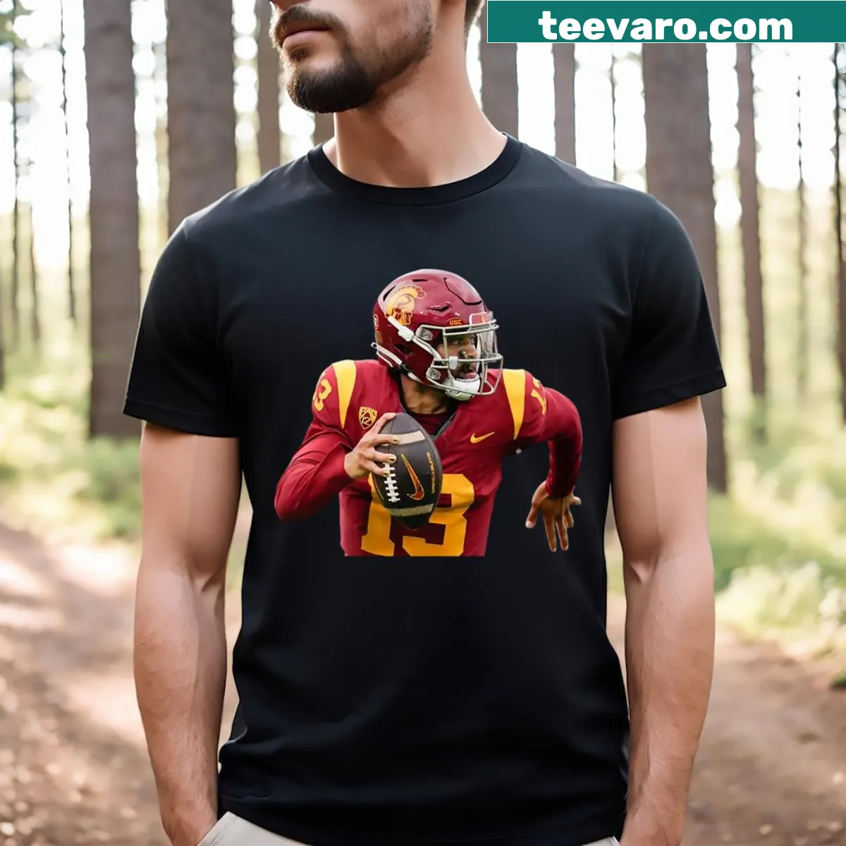 T-shirt featuring graphic of Caleb Williams in action — on a men's t-shirt