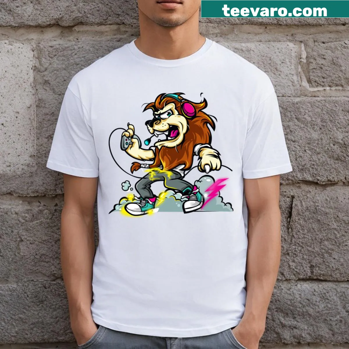 Cartoon Lion Gamer T-shirt with playful lion graphics — on a men's t-shirt
