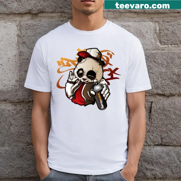 Cartoon panda with spray paint on a t-shirt