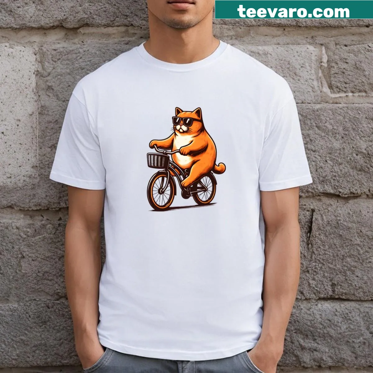 Comical T-shirt featuring a cat riding a bicycle — on a men's t-shirt