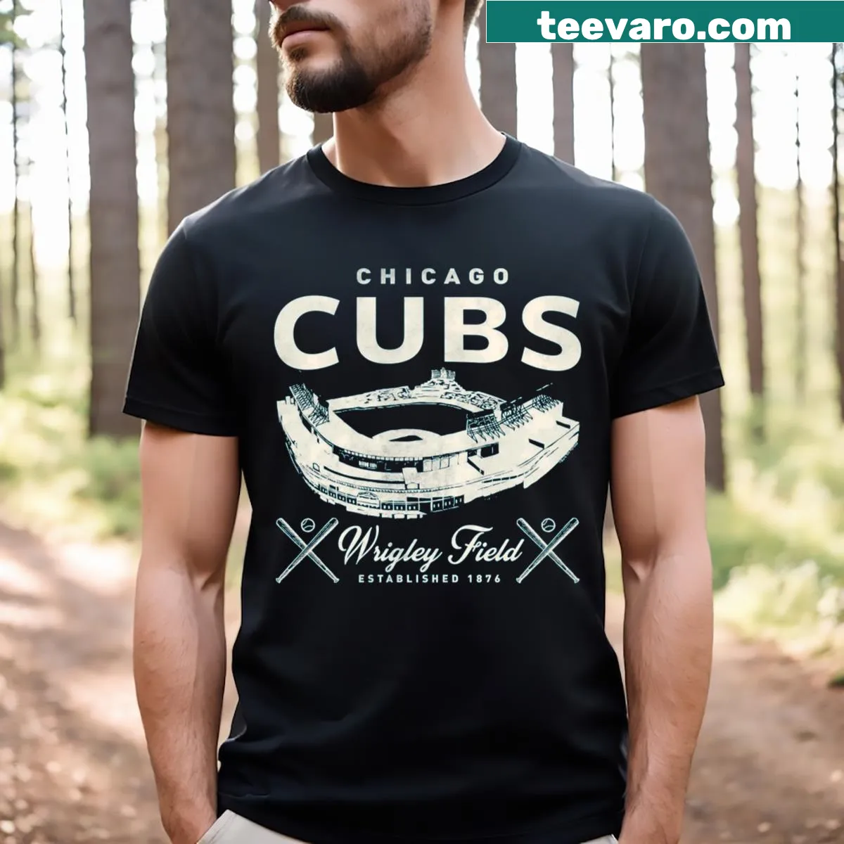 Chicago Cubs t-shirt featuring Wrigley Field design — on a men's t-shirt