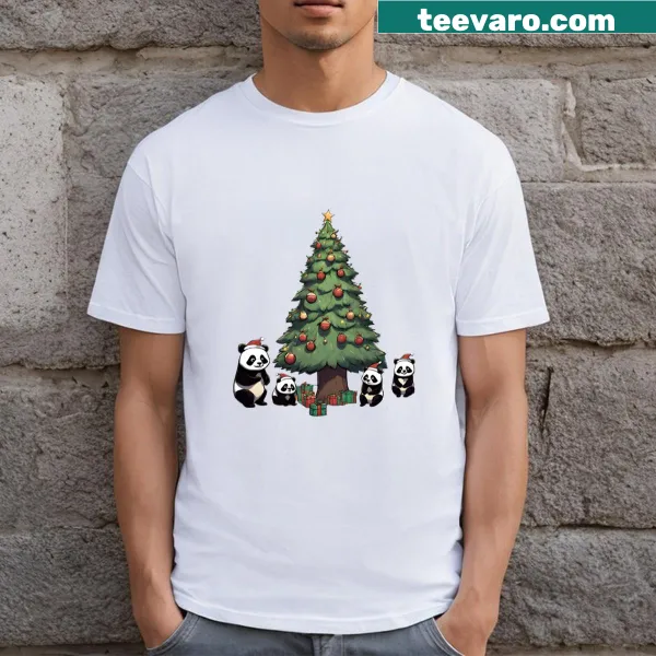 Cute pandas and a Christmas tree illustrated on t-shirt