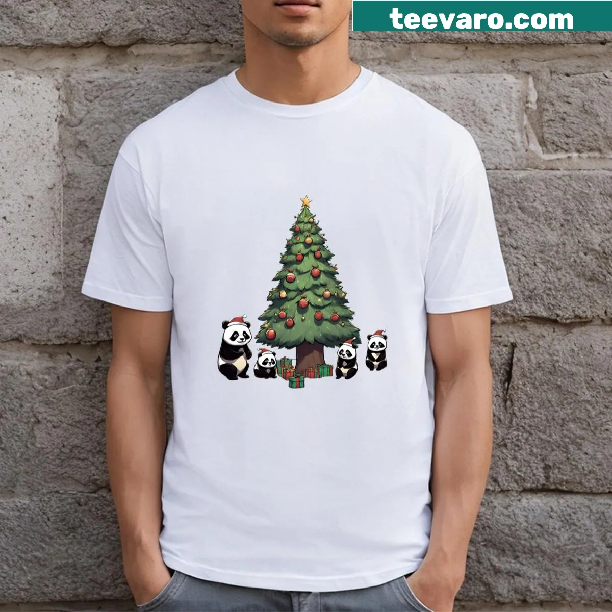 Cute pandas and a Christmas tree illustrated on t-shirt — on a men's t-shirt