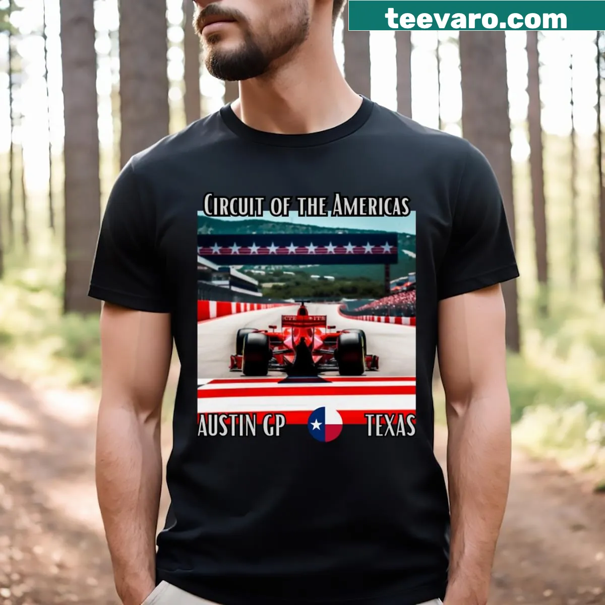 Illustrative T-shirt celebrating the Circuit of the Americas F1 event — on a men's t-shirt