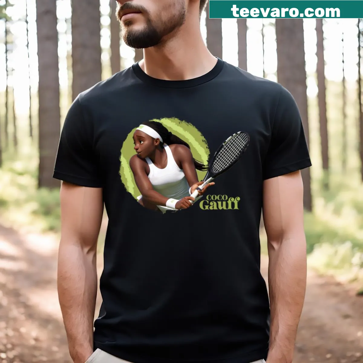 Vintage-style cartoon T-shirt featuring Coco Gauff in action — on a men's t-shirt