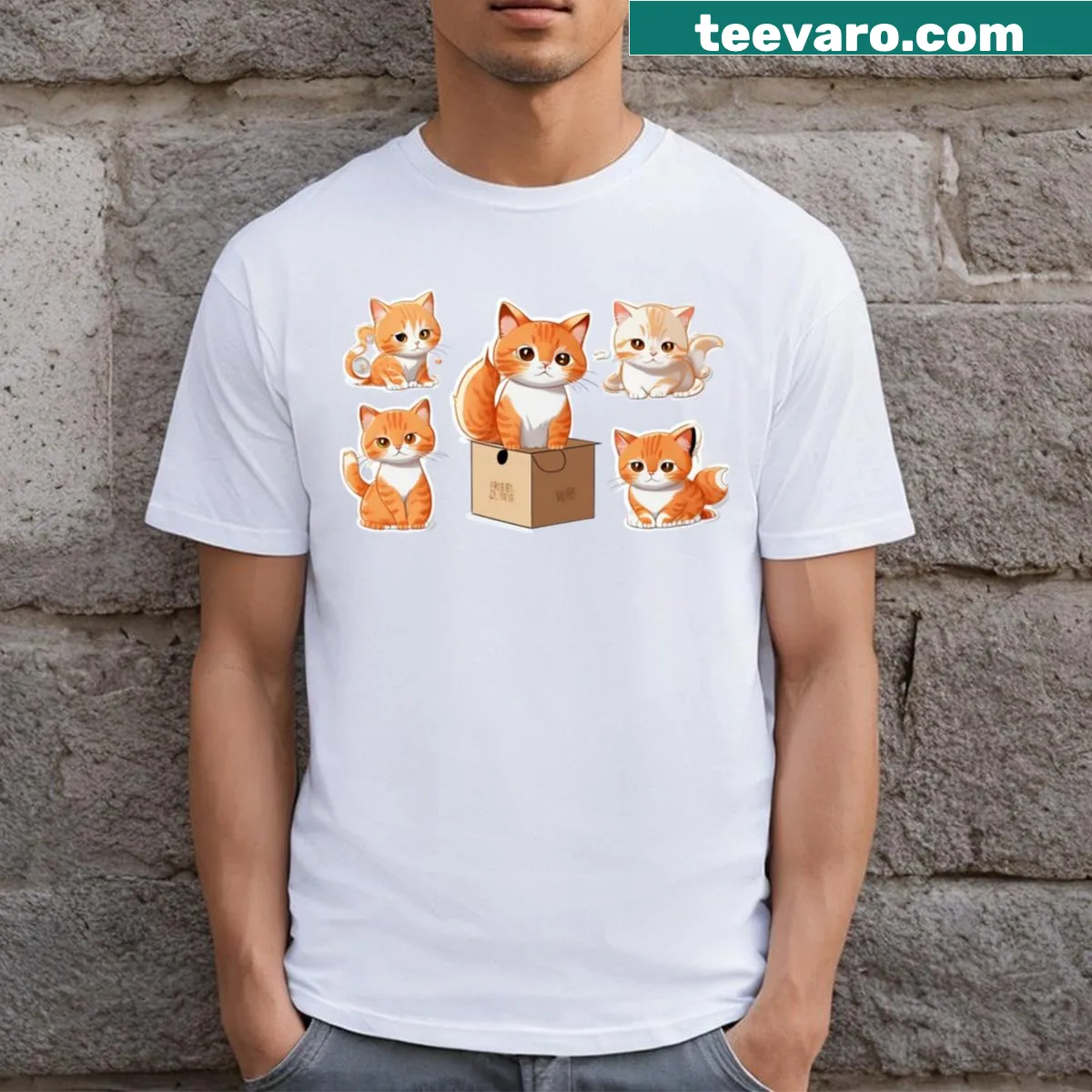 Illustration of a cute kitten in a box on a T-shirt — on a men's t-shirt