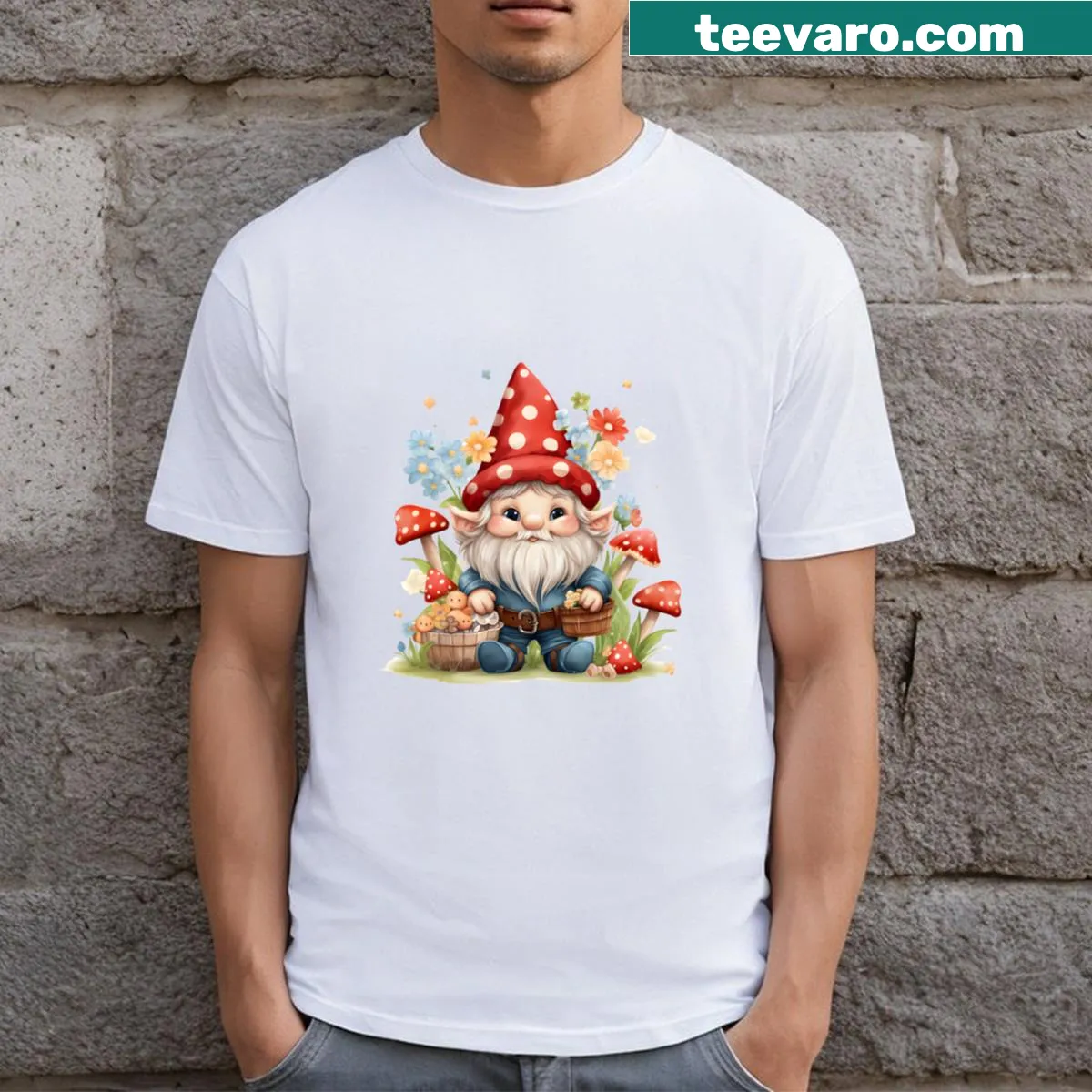 Cute gnome illustration celebrating Christmas on a T-shirt — on a men's t-shirt