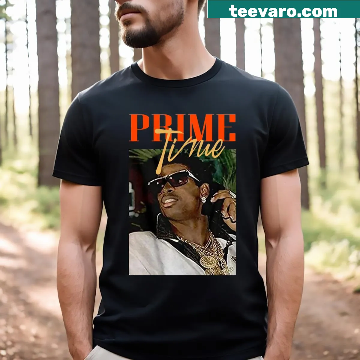 Deion Sanders Prime Time Sports t-shirt with bold design — on a men's t-shirt