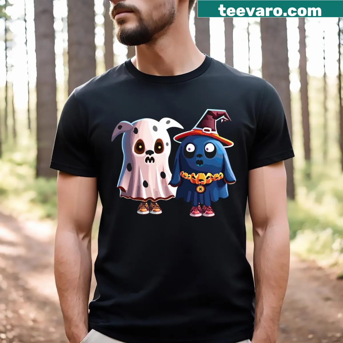 Cartoon dog in a ghost costume on a Halloween-themed t-shirt — on a men's t-shirt