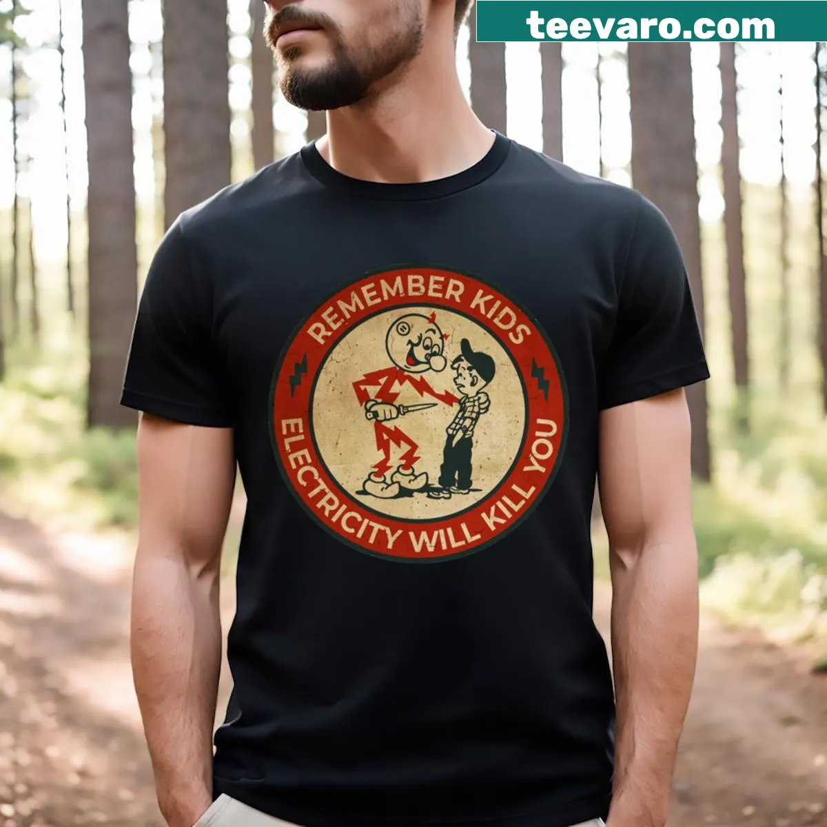T-shirt with edgy text warning about electricity danger — on a men's t-shirt