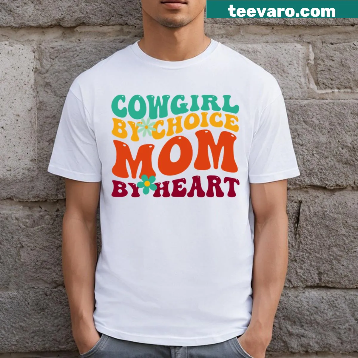 Vintage groovy cowgirl mom quote t-shirt with playful lettering — on a men's t-shirt