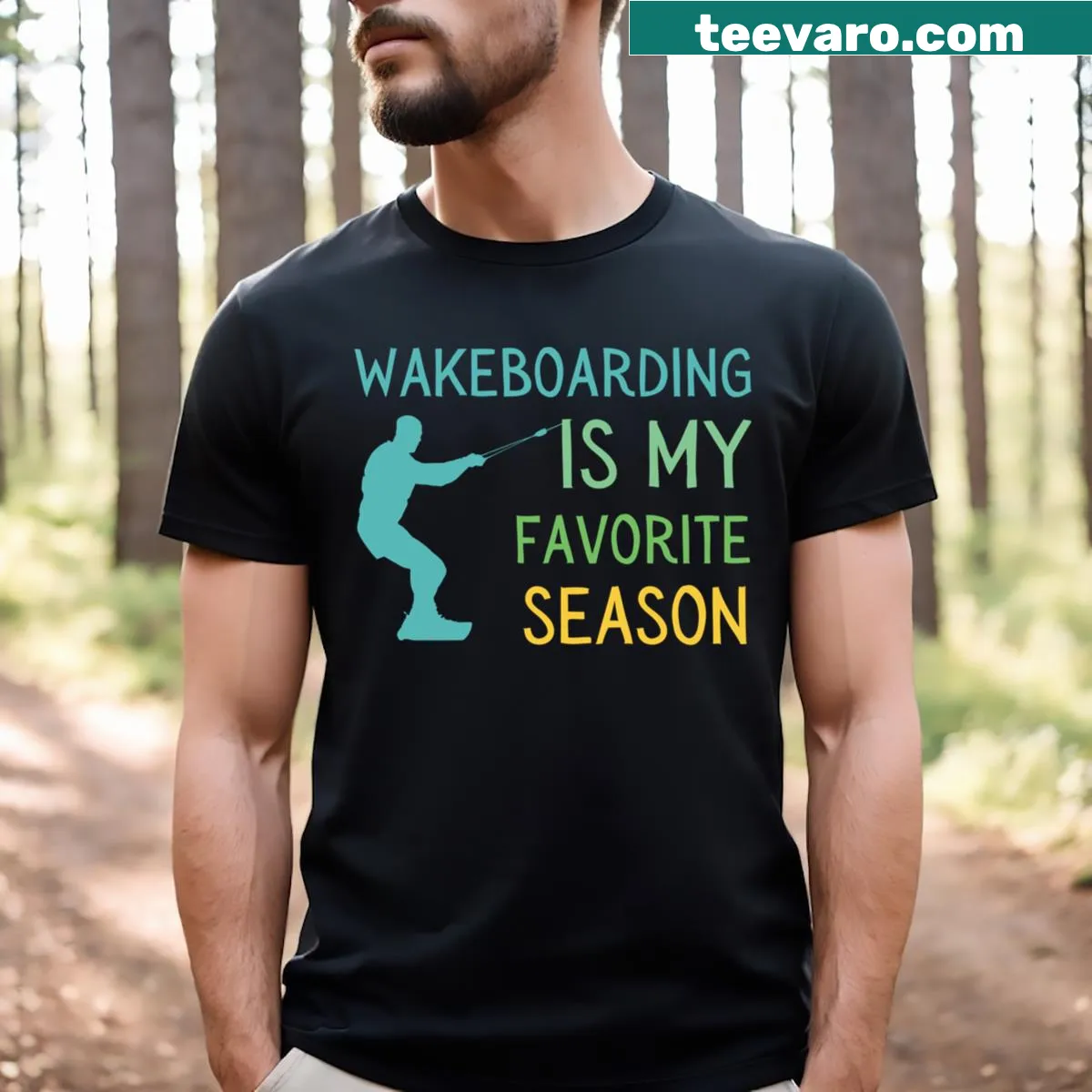 Typography T-shirt with 'Wakeboarding Is My Favorite Season' text — on a men's t-shirt