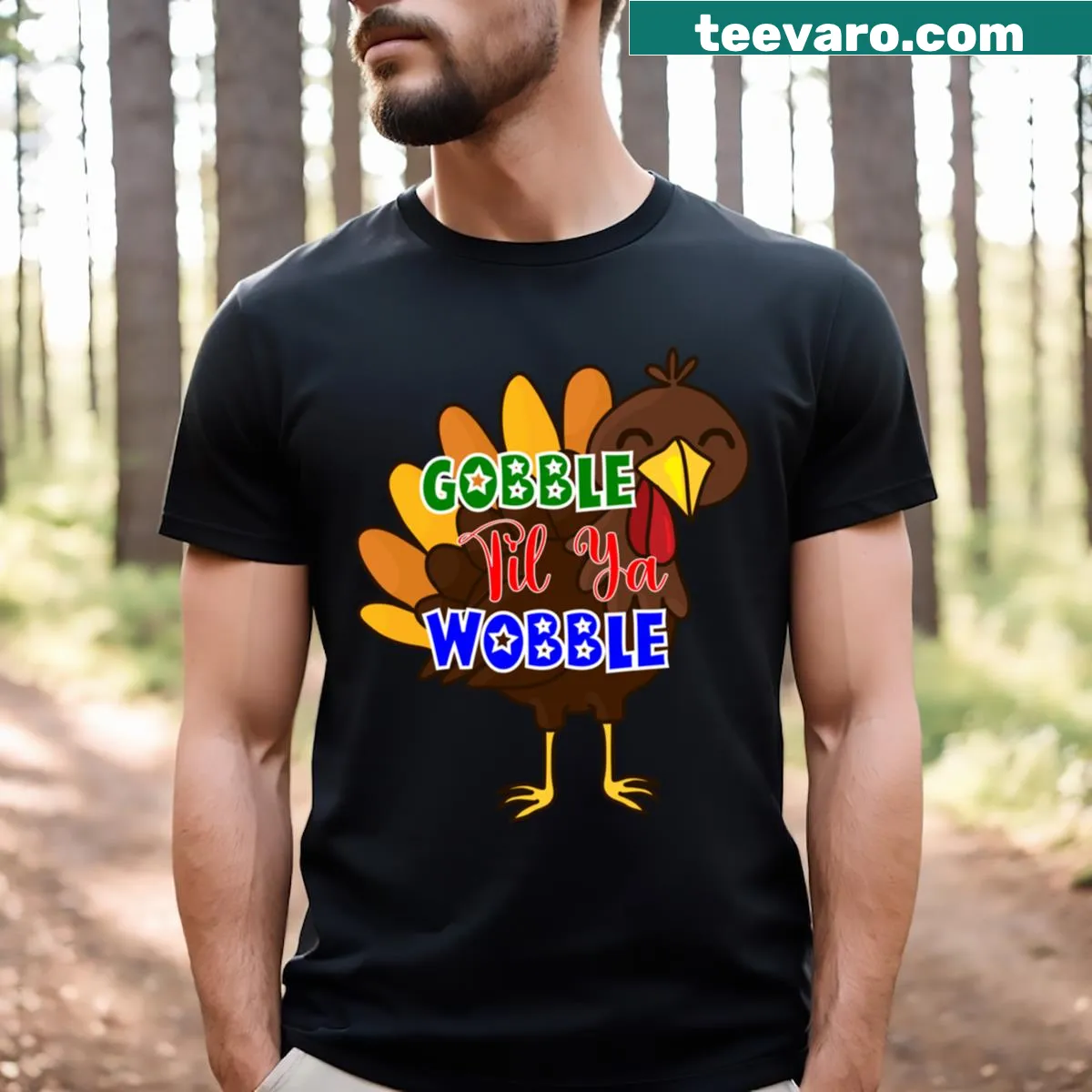 Funny Thanksgiving shirt with Gobble Til Ya Wobble text — on a men's t-shirt