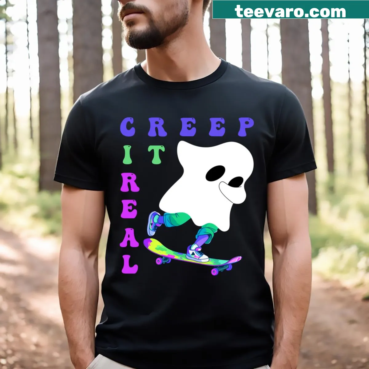Funny cartoon ghost graphic on a Halloween t-shirt — on a men's t-shirt