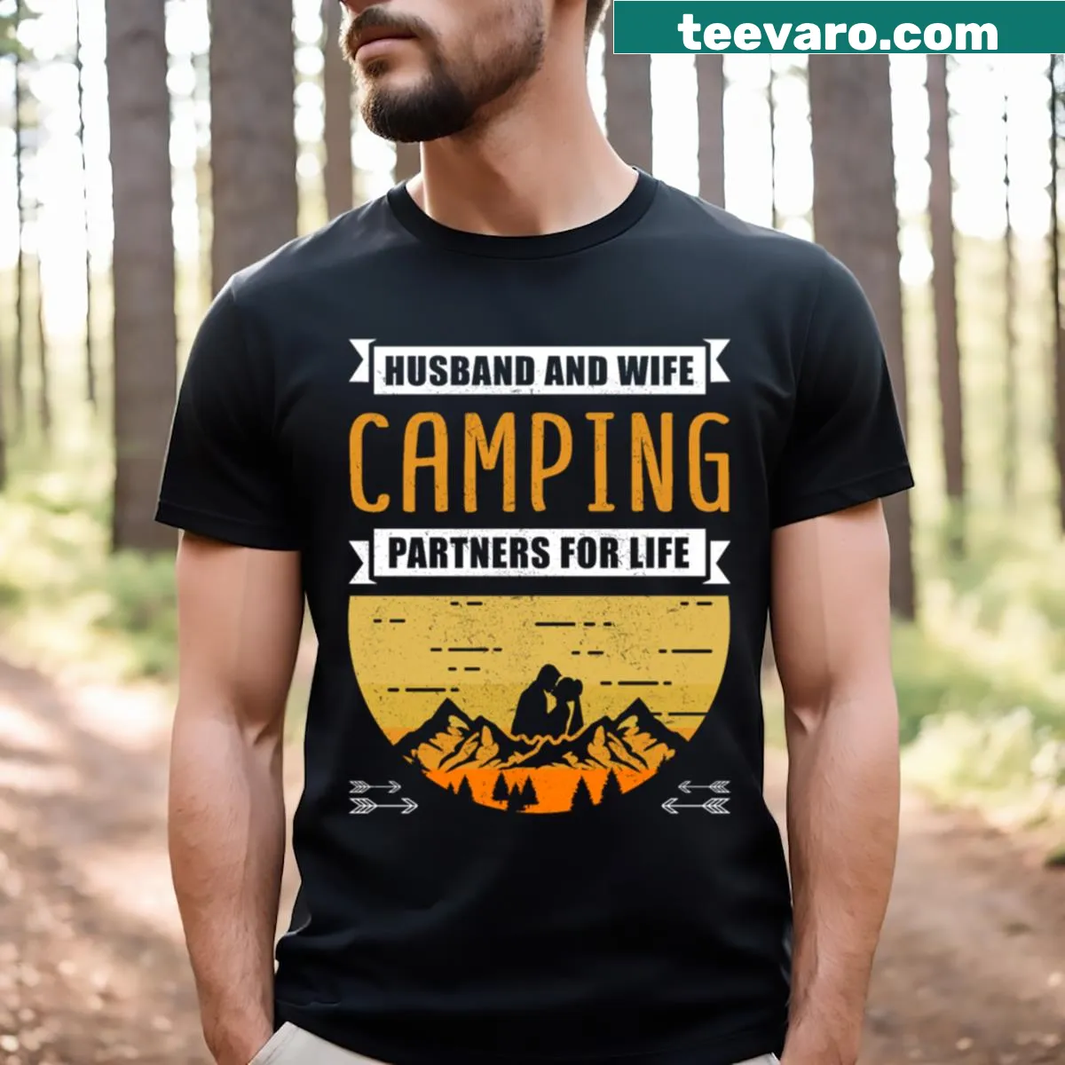 Funny camping couple t-shirt with 'Camping Partners For Life' text — on a men's t-shirt