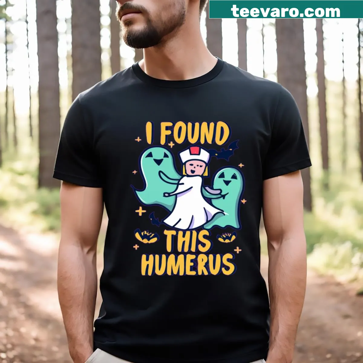 Funny ghost nurse Halloween shirt with the phrase I Found This Humerus — on a men's t-shirt
