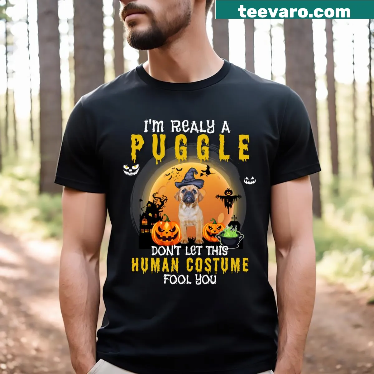 T-shirt with the phrase 'I'm Really A Puggle' and puggle illustration — on a men's t-shirt