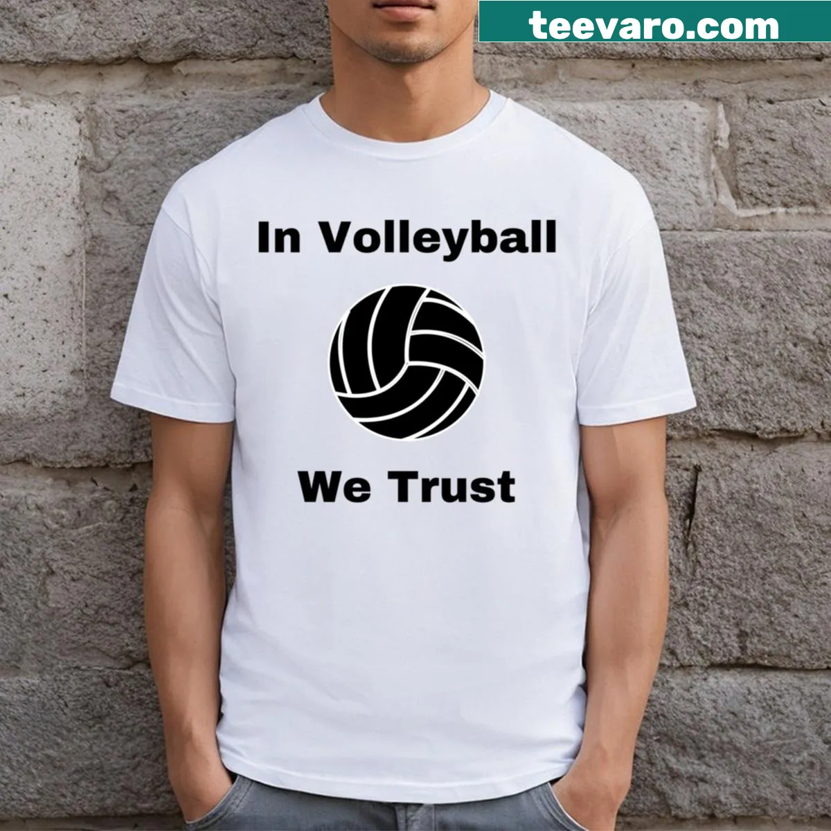 Funny beach volleyball t-shirt with text about trust in volleyball — on a men's t-shirt