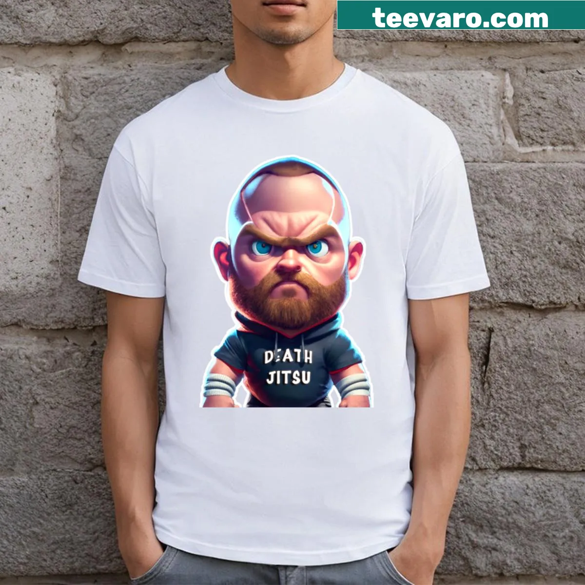 Cartoon art T-shirt depicting wrestler Jon Moxley in a playful design — on a men's t-shirt
